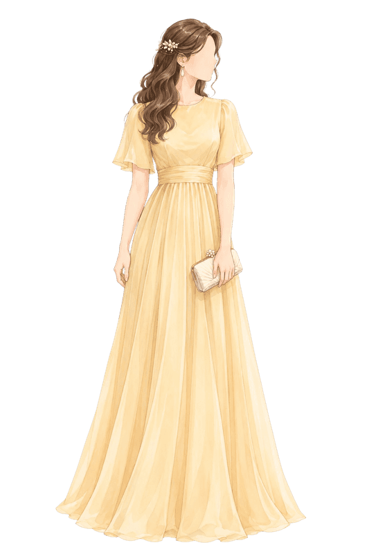 A lady in a flowing butter yellow gown