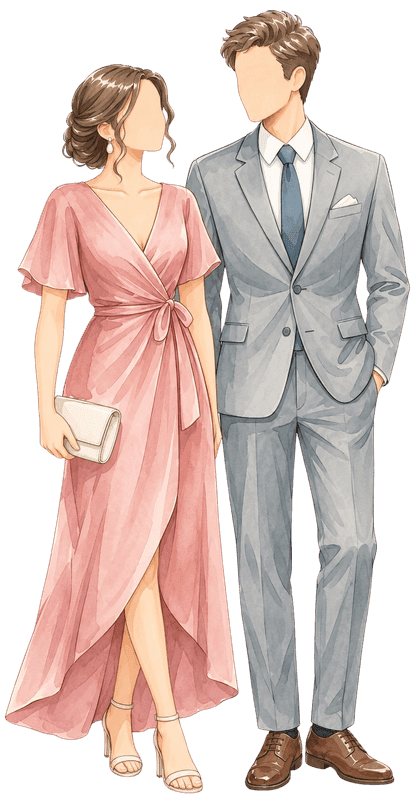 A couple: a lady in a dusty rose wrap dress and a gentleman in a light grey suit
