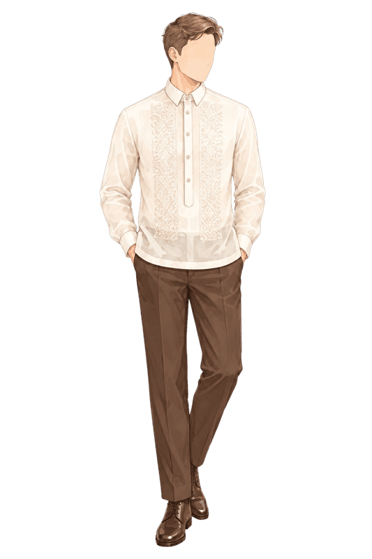 A gentleman in a cream barong with brown trousers