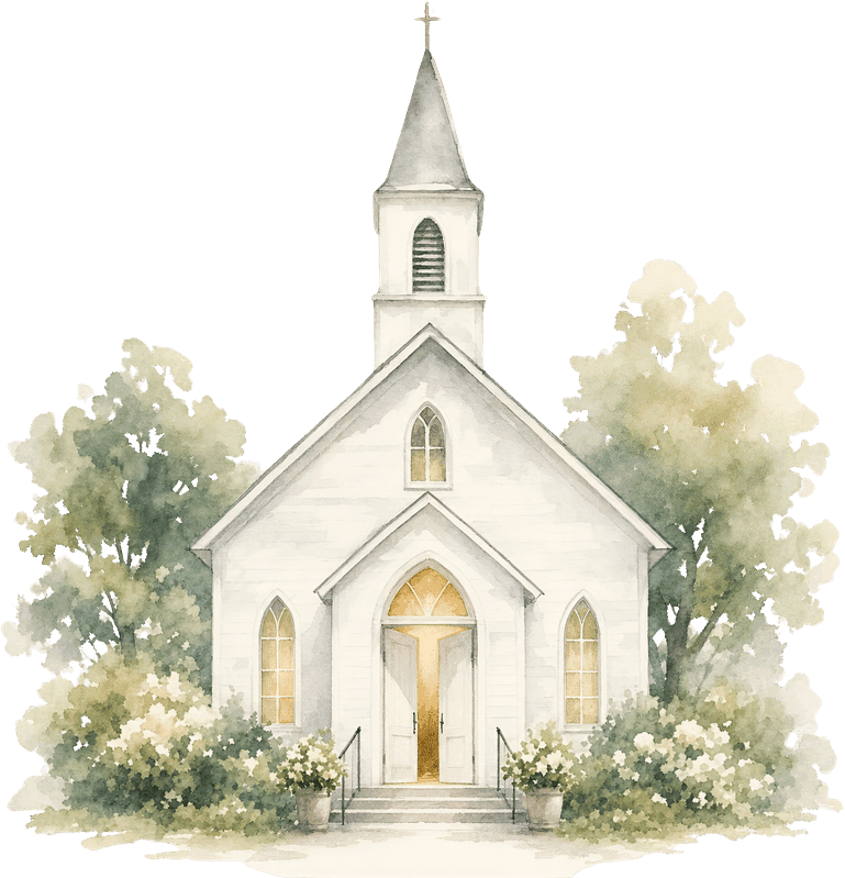 Watercolor church surrounded by greenery