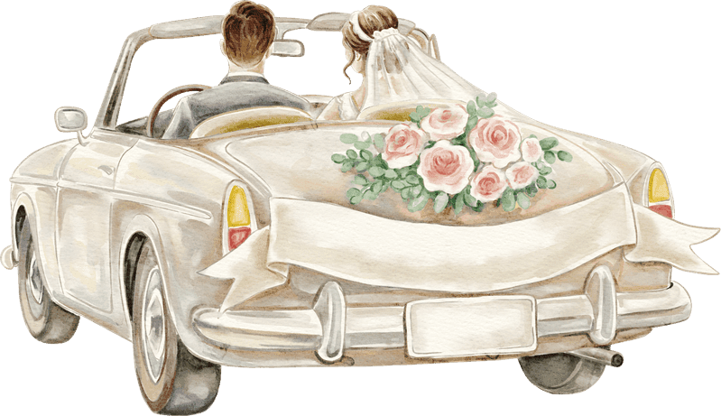 Newlyweds driving away in a vintage convertible decorated with roses